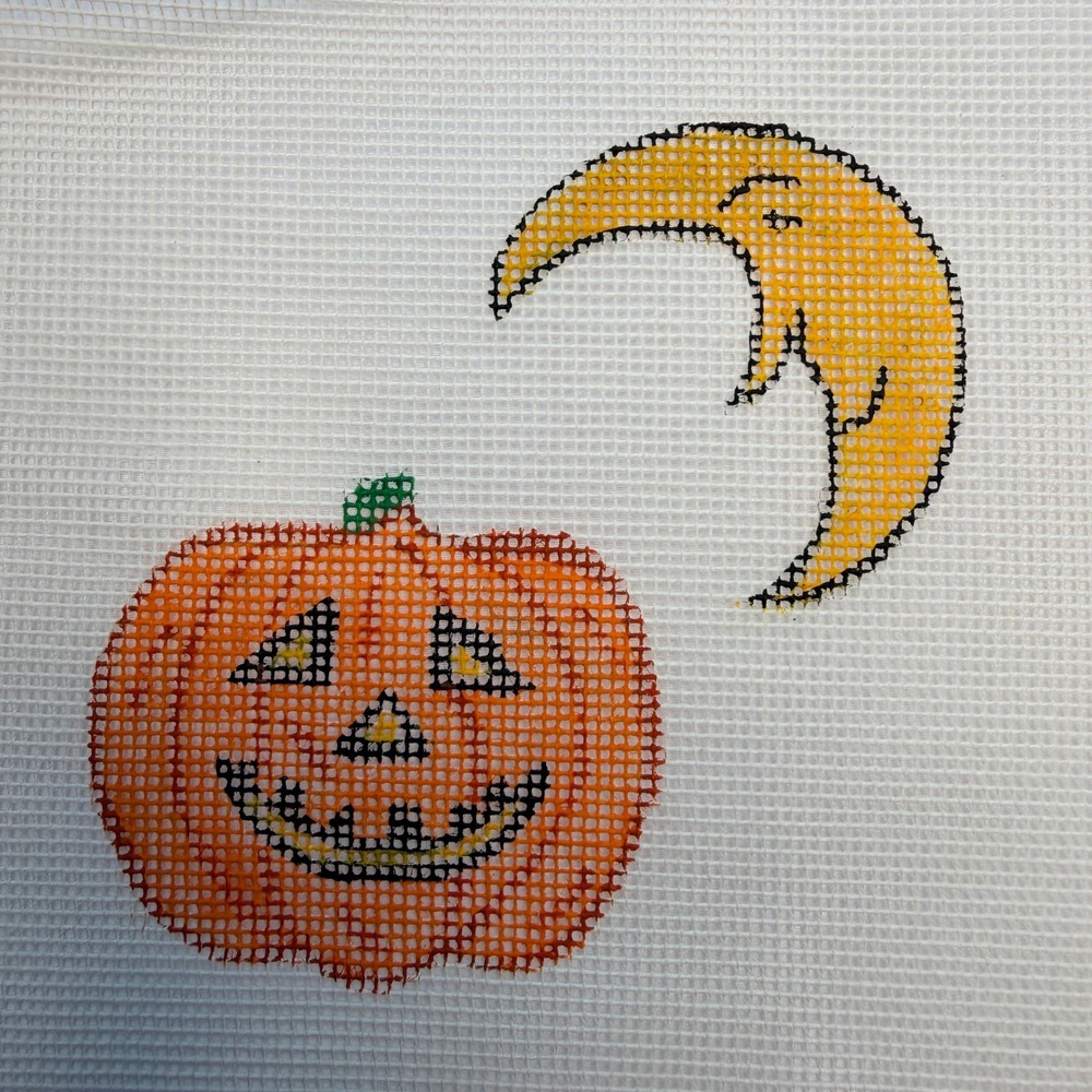 Halloween Jack O Lantern Crescent Moon Hand Painted Needlepoint Canvas Vintage